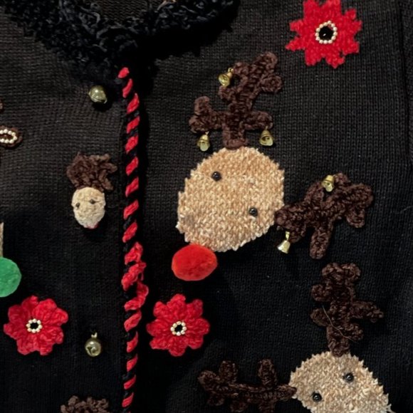Jack B Quick Petite Christmas Black Cardigan Sweater PS Reindeer Jingle Bells - Picture 5 of 12